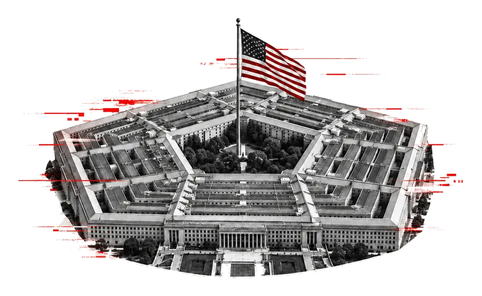 Pentagon graphic with restrained red glitch treatment