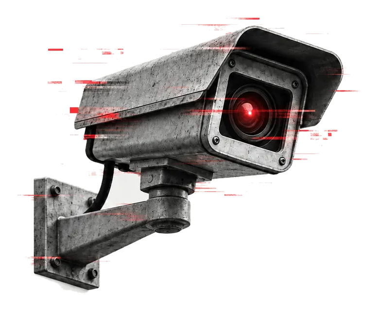 Surveillance camera with restrained red glitch treatment